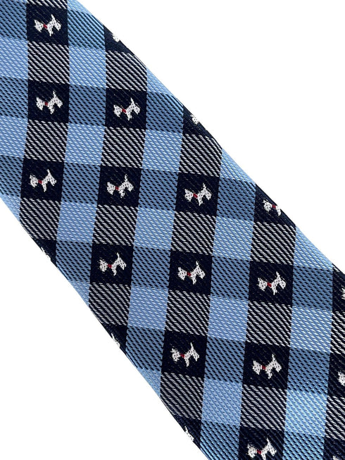 light blue  and dark navy blue plaid gingham style tie with Scottie dog Scottish Terrier design